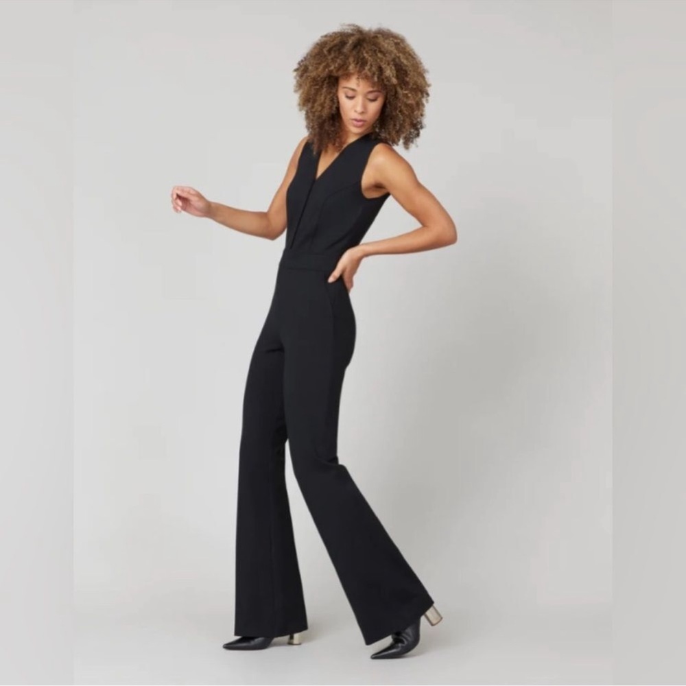 SPANX Perfect Sleeveless‎ Jumpsuit size XL Black Ponte Knit Flare Leg
